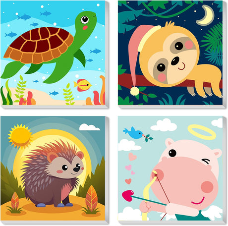 mrpwnle Framed 4 Pack Paint by Number for Kids, Paint by Numbers for Kids Ages 8-12, Painting by Numbers Kits Children Beginner, DIY Animals Acrylic Oil Painting Kits for Home Wall Decor 8x8inch mrpwnle