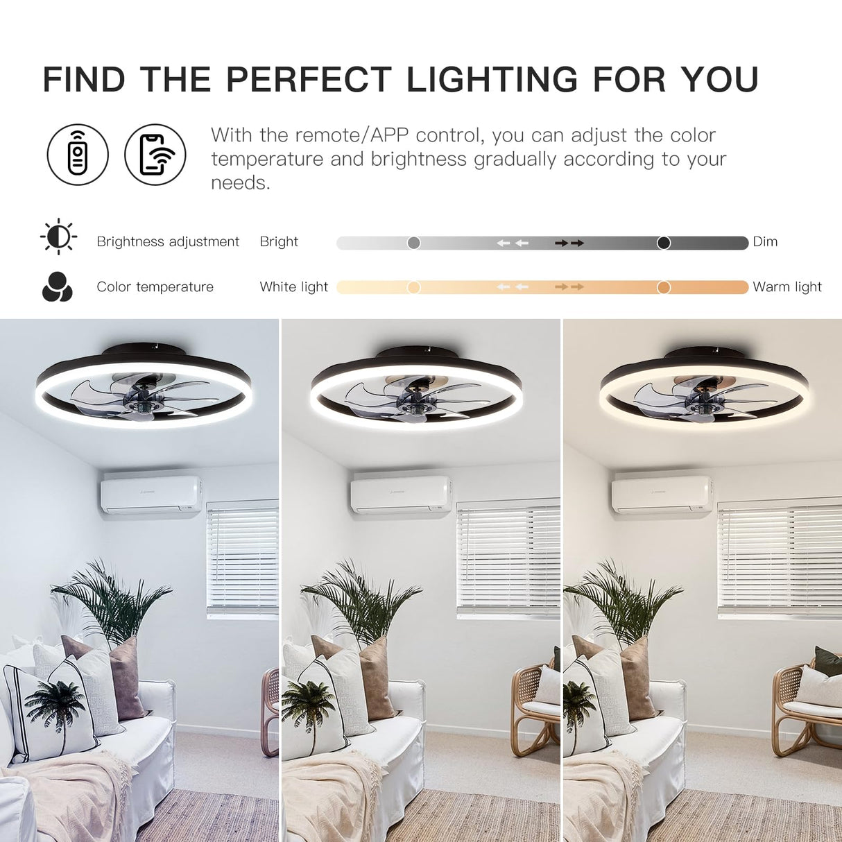 STERREN 20'' Modern Low Profile Ceiling Fan with Light, Bedroom LED Ceiling Fan with Remote Control, Bladeless Flush Mount Black Fan Lights Ceiling Fixtures for Living Room,Small Room STERREN