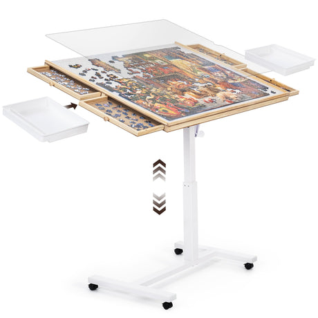 ropoda 1500 PCS Jigsaw Puzzle Table with Drawers and Single-Pedestal,35"x 26.8" Angle & Height Adjustable Wooden Puzzle Borad with 6 Drawers &Cover& 4 Roller Wheels ropoda