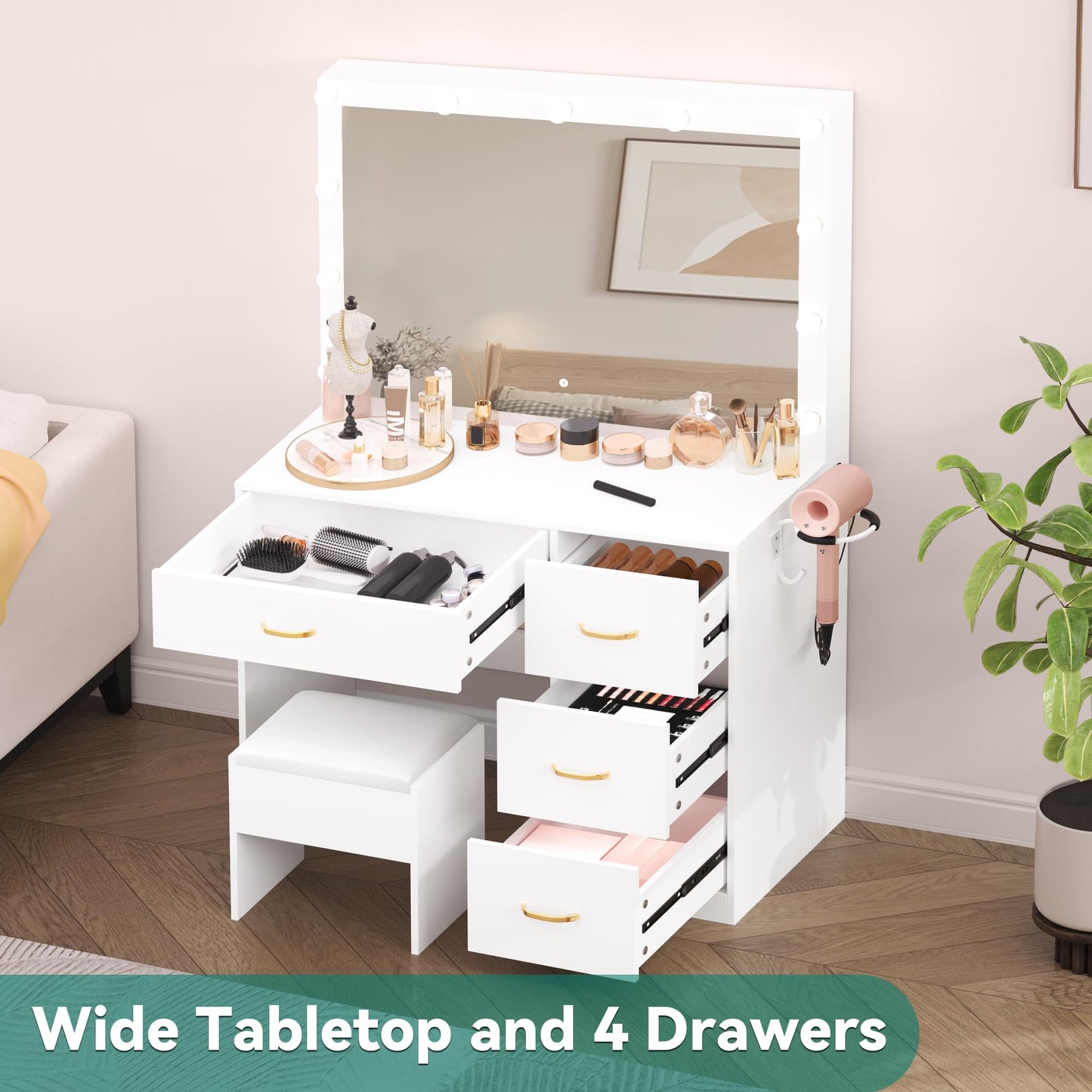 YITAHOME Vanity Desk with Large LED Mirror, 11 Light Bulbs, Power Outlet, 3 Lighting Modes, 4 Drawers, and Cushioned Stool for Bedroom, Dressing Room