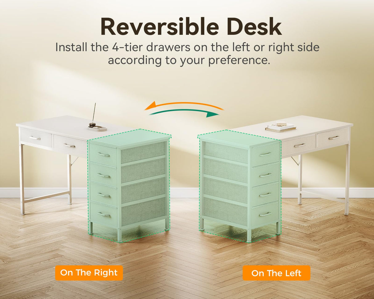 ODK Computer Desk with 6 Drawers, 40 Inch Small Desk with Storage, Reversible Desk with Headphone Hook for Home Office, Work Study Table for Bedroom, White ODK