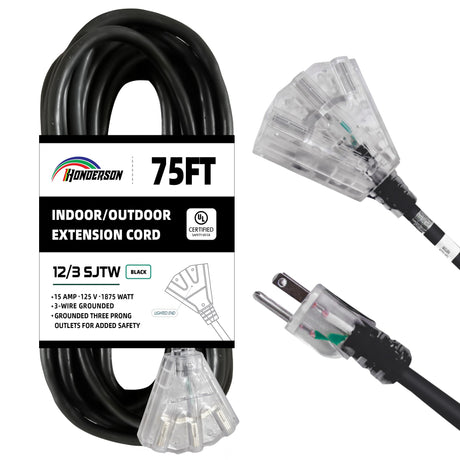 HONDERSON 3-Outlets Indoor Outdoor Extension Cord Weatherproof with Lighted End, UL Listed, 12 Gauge 75FT Black 3 Prong Heavy Duty Extension Cord Multiple Outlets, 12/3 SJTW 15A Power Extension Cord HONDERSON
