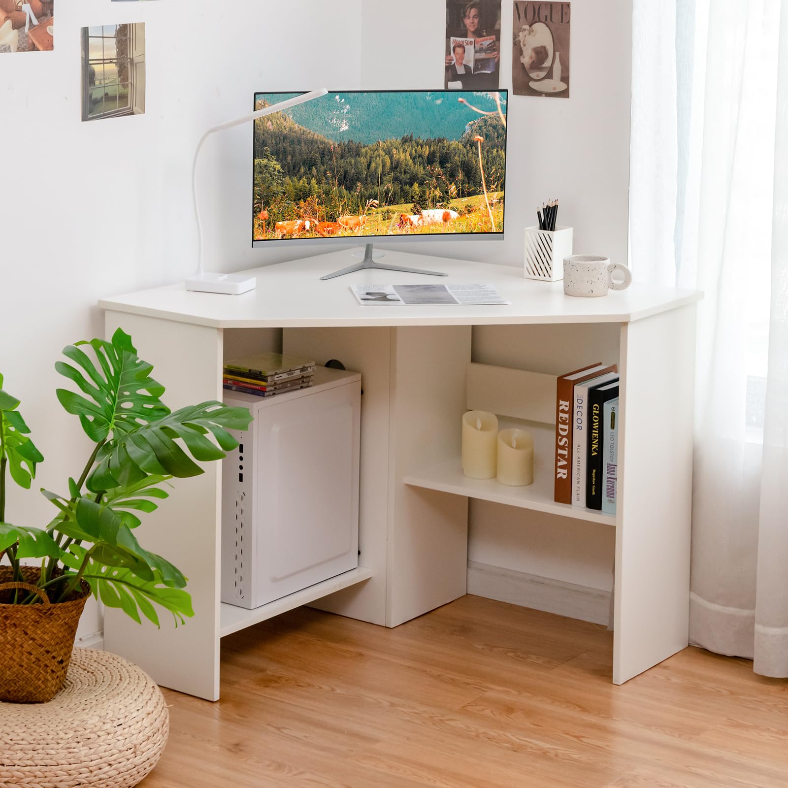 Tangkula White Corner Desk - 90 Degrees Triangle for Computer, Small Space, Bedroom, Makeup Vanity Desk with Storage Shelves & CPU Stand, Space Saving Writing Desk - WoodArtSupply