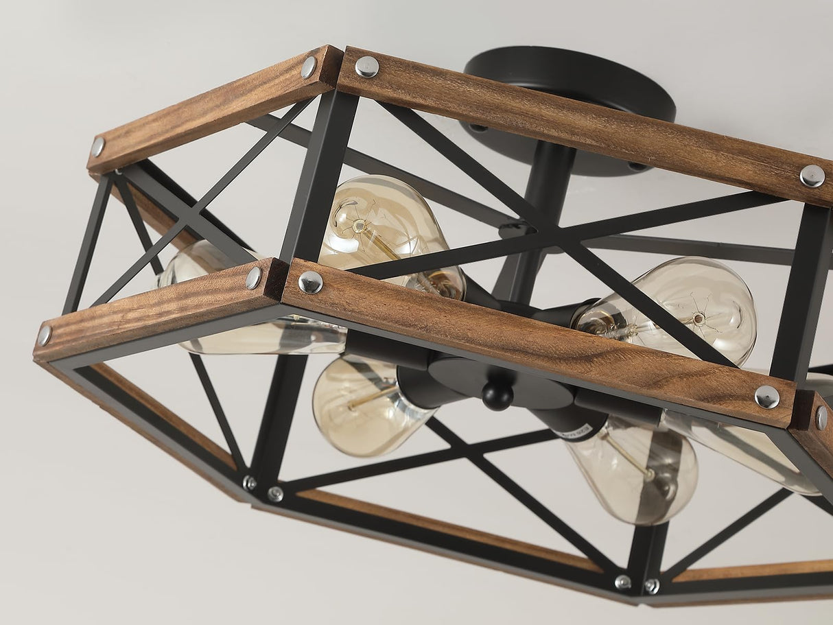 6-Light Large Rustic Farmhouse Wood Flush Mount Ceiling Light Fixture 20 inch Oak Wood and Metal Cage Semi Flush Mount Ceiling Light for Hallway Entry Dining Farmhouse Bedroom Living Room, Black RKUCSR