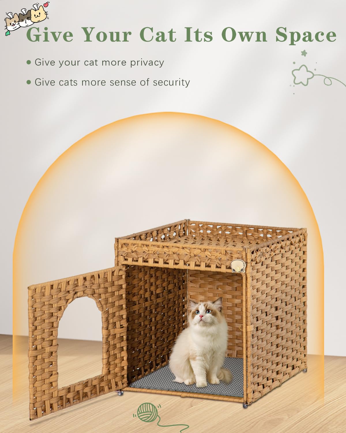 SETVSON Cat Litter Box Enclosure Furniture, Hidden Litter Box with Mat and Fence, Handwoven Rattan Cat House with Two S-Shaped Hooks for Living Room, Bedroom, 18.5 x 20.5 x 19.1 Inches (Natural) SETVSON