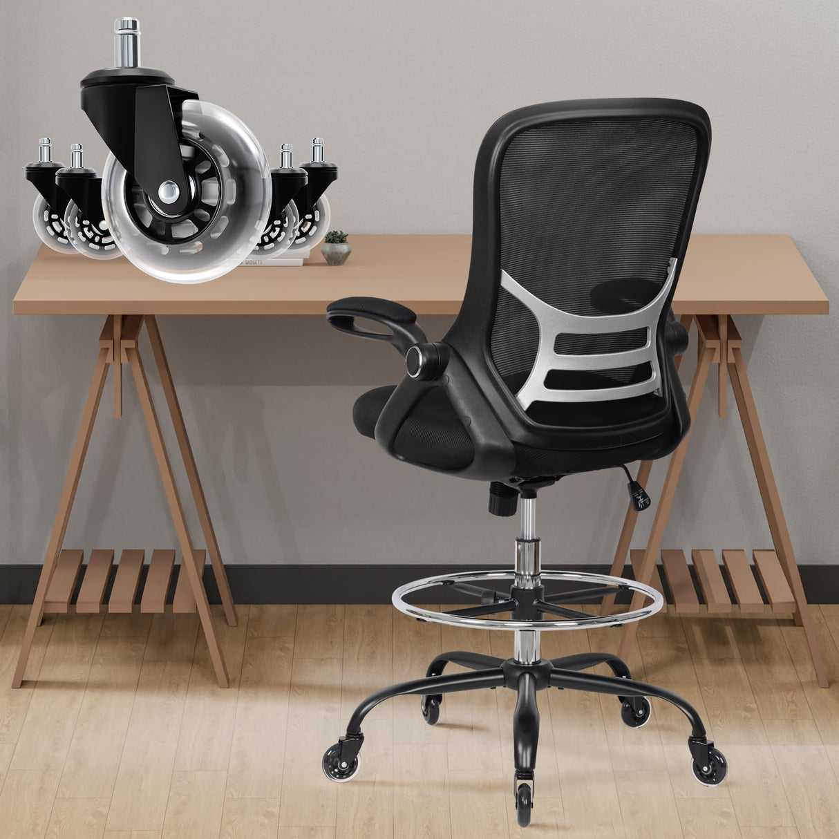 HYLONE Drafting Chair Tall Office Chair, High Ergonomic Standing Desk Computer Stools with Rubber Wheels, Flip-up Armrests, Adjustable Height and Foot-Ring, Comfortable Mesh Fabric, Black HYLONE