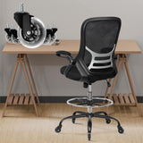 HYLONE Drafting Chair Tall Office Chair, High Ergonomic Standing Desk Computer Stools with Rubber Wheels, Flip-up Armrests, Adjustable Height and Foot-Ring, Comfortable Mesh Fabric, Black HYLONE