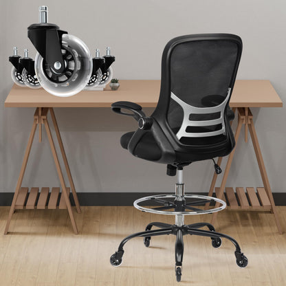 HYLONE Drafting Chair Tall Office Chair, High Ergonomic Standing Desk Computer Stools with Rubber Wheels, Flip-up Armrests, Adjustable Height and Foot-Ring, Comfortable Mesh Fabric, Black