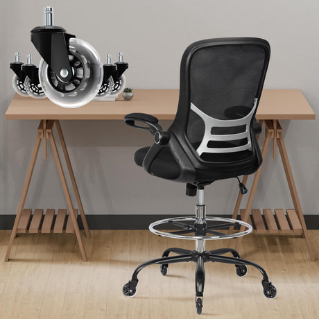 HYLONE Drafting Chair Tall Office Chair, High Ergonomic Standing Desk Computer Stools with Rubber Wheels, Flip-up Armrests, Adjustable Height and Foot-Ring, Comfortable Mesh Fabric, Black HYLONE