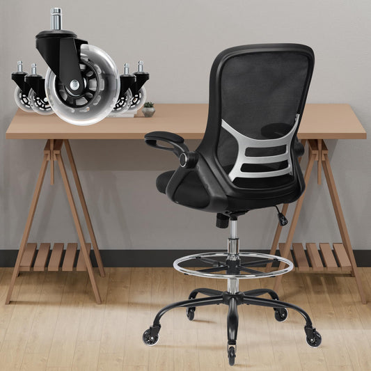 HYLONE Drafting Chair Tall Office Chair, High Ergonomic Standing Desk Computer Stools with Rubber Wheels, Flip-up Armrests, Adjustable Height and Foot-Ring, Comfortable Mesh Fabric, Black