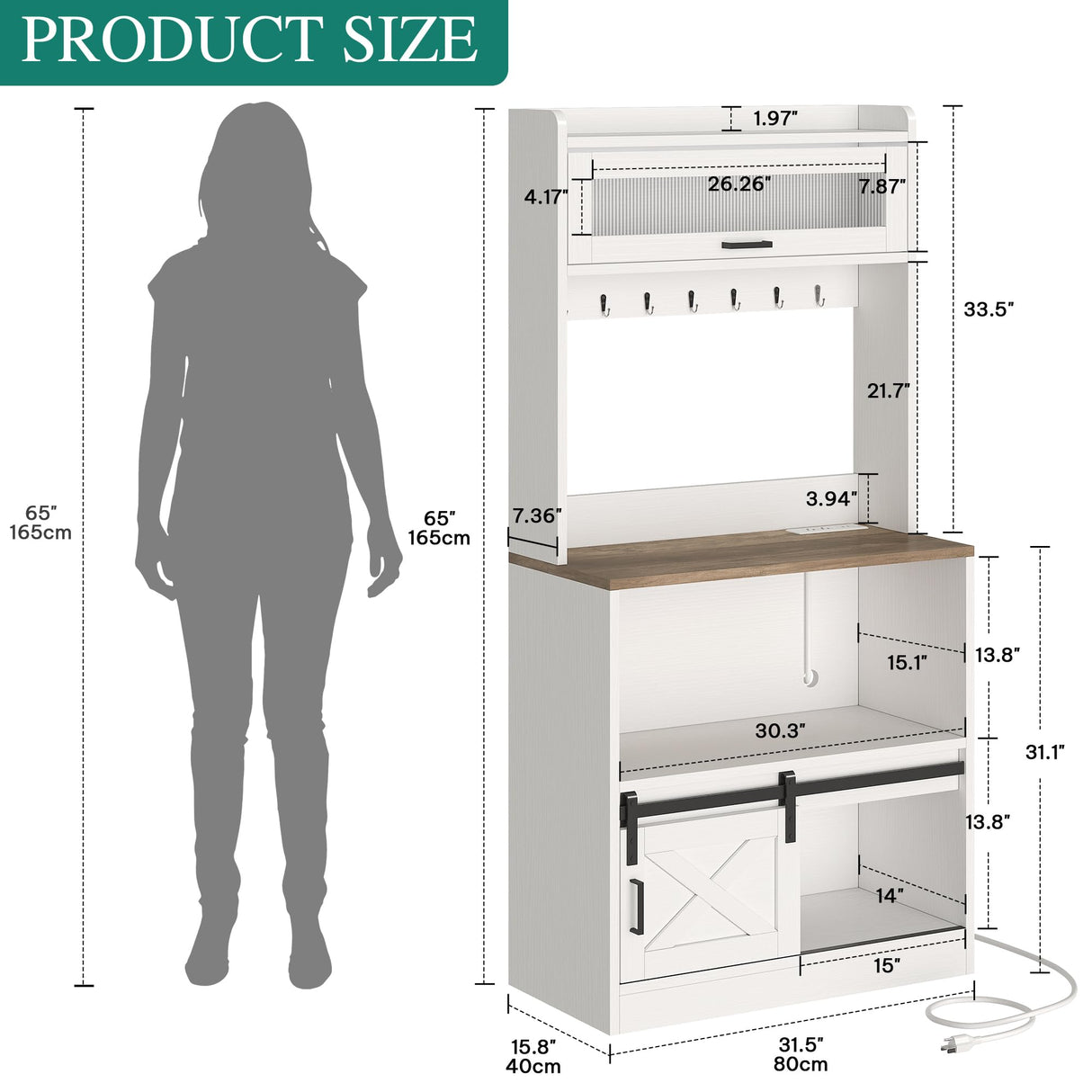 DWVO Bakers Rack with Power Outlet and Storage Cabinet, 5-Tier Farmhouse Kitchen Microwave Stand with LED Lights,Heavy Duty Coffee Bar Table Station with 7 Hooks for Dining Living Room, White DWVO