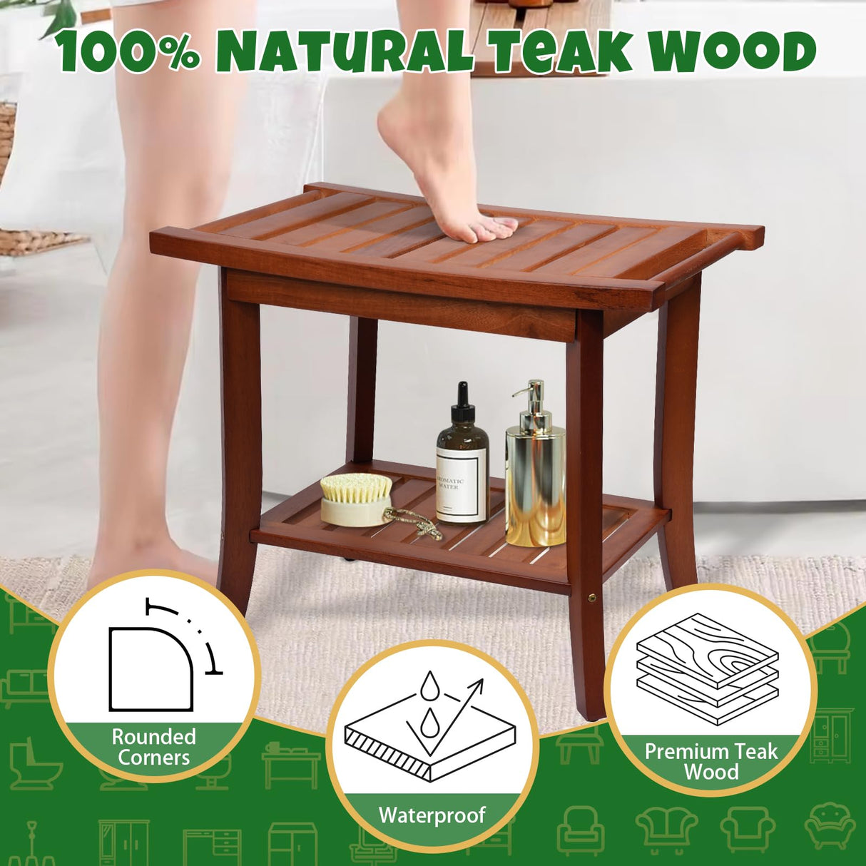 Teak Shower Bench,22'' Solid Wood Shower Stool with Storage Shelf & Handle,Waterproof Shower Bench Seat for Bathroom, Indoor & Outdoor Use Graceware