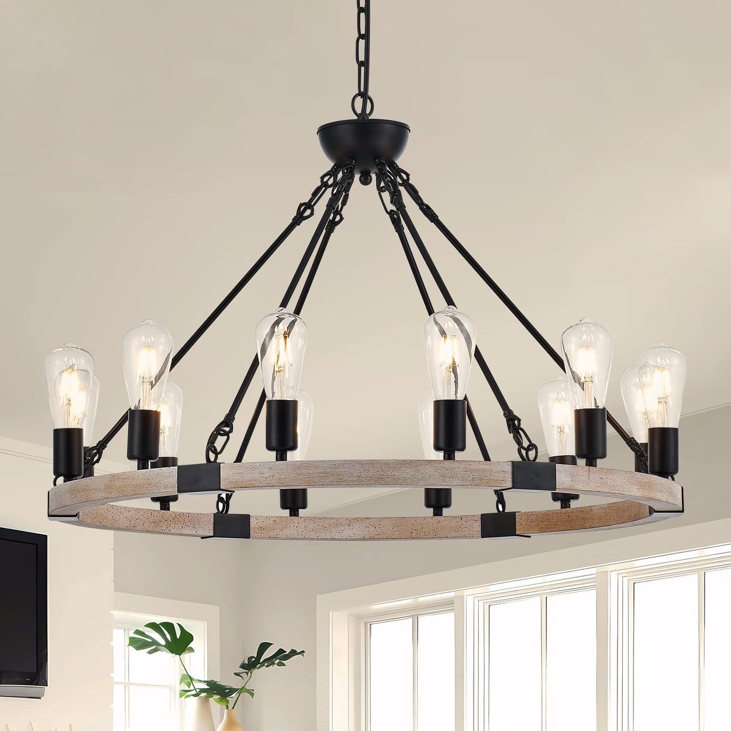 brfaixla 12-Light Wooden Wagon Wheel Chandelier Farmhouse, 31.5'' Black&Cream Colored Chandelier Pendant Light for Living Room, Industrial Rustic Round Wood Chandeliers for Dining Room Entryway Porch