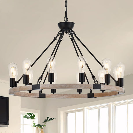 brfaixla 12-Light Wooden Wagon Wheel Chandelier Farmhouse, 31.5'' Black&Cream Colored Chandelier Pendant Light for Living Room, Industrial Rustic Round Wood Chandeliers for Dining Room Entryway Porch brfaixla