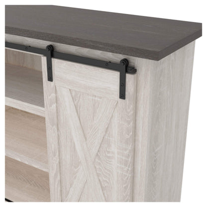 Signature Design by Ashley Dorrinson Farmhouse TV Stand Fits TVs up to 50" with Sliding Barn Doors and Storage Shelves, Whitewash & Gray - WoodArtSupply