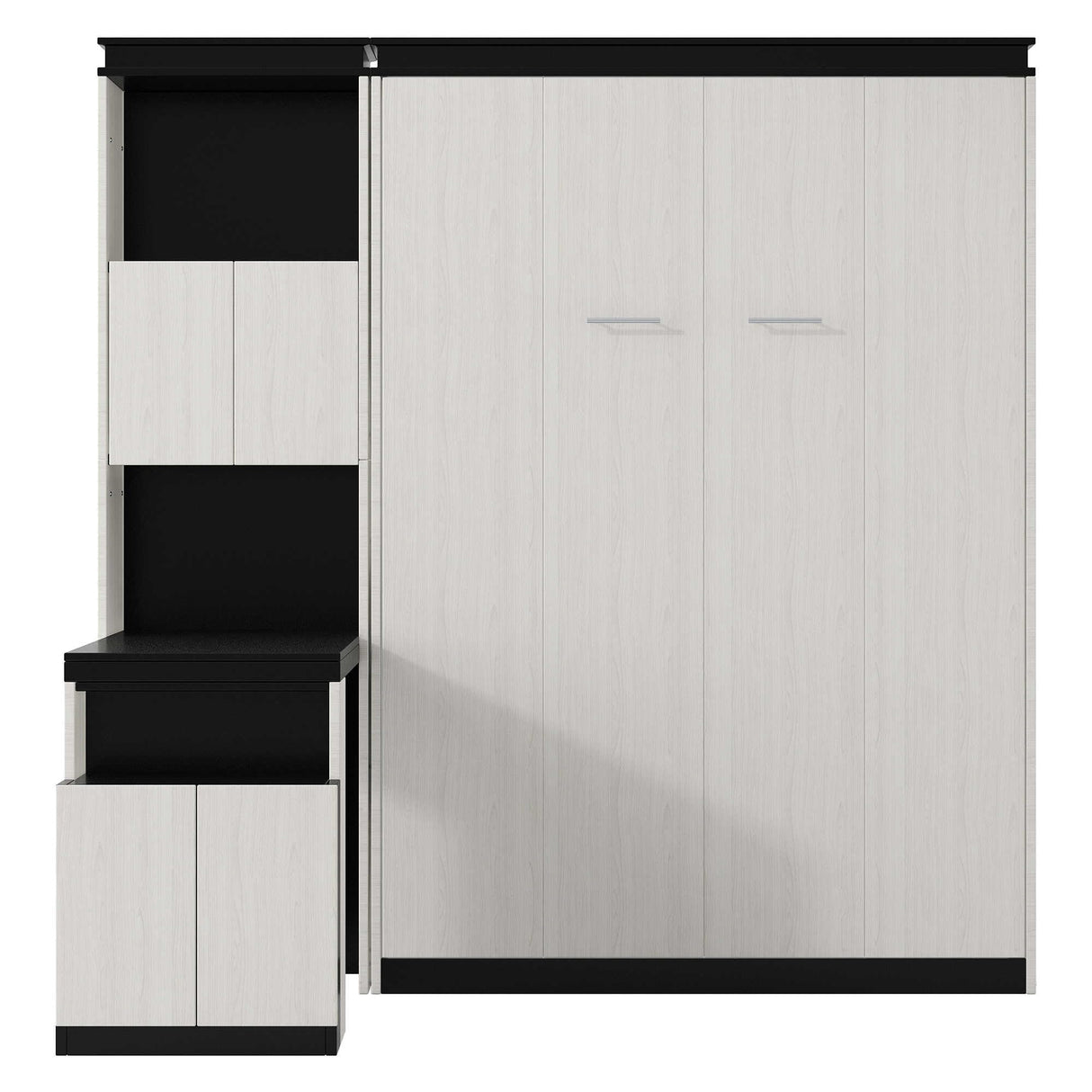 Full Murphy Bed with Desk and Storage Bookcase Shelves,Solid Wood Folding White Murphy Wall Bed with Storage Cabinet for Adults MERITLINE