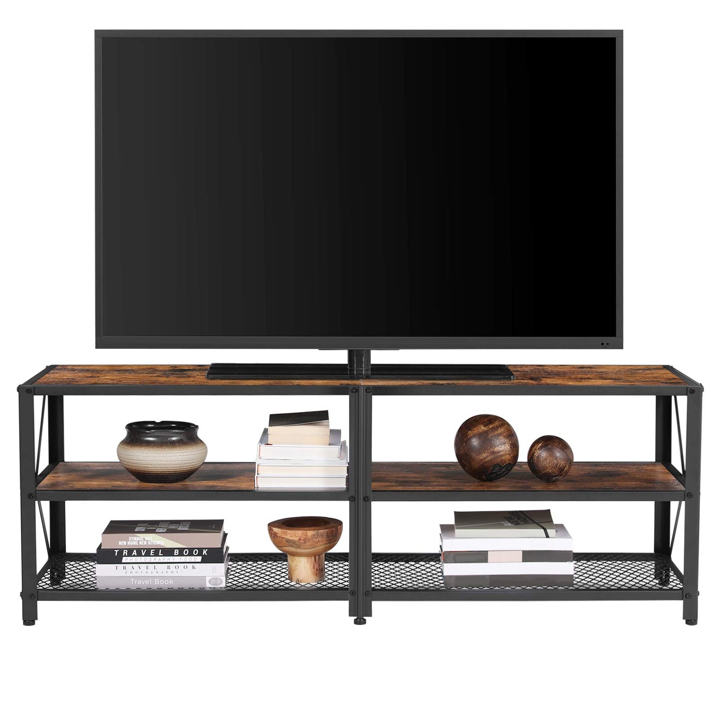 VASAGLE TV Stand, TV Console for TVs Up to 65 Inches, TV Table, 55.1 Inches Width, TV Cabinet with Storage Shelves, Steel Frame, for Living Room, Bedroom, Rustic Brown and Black ULTV094B01