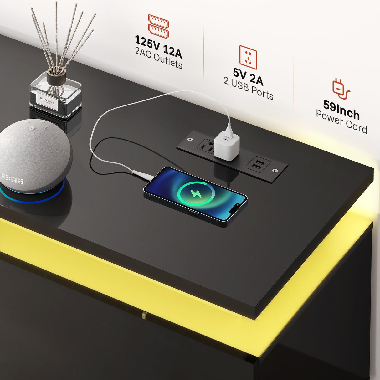 Redkey Modern TV-Stand with Light - Television Stands for 70 75 80 Inch TVs - Entertainment Center with Storage Cabinet for Bedroom Living Room - Open Glass Shelves - 2AC Outlet - Black Redkey