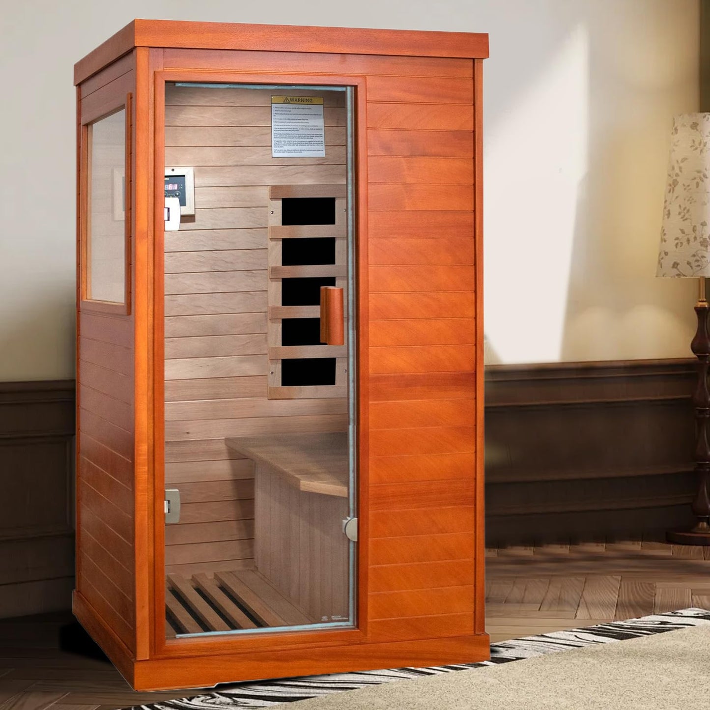 Sauna, Far Infrared Saunas for Home 1 Person Wood Sauna Okoume 800W/110V Low Emf Dry Sauna Indoor Sauna Room with Tempered Glass Door/Speakers/Air Hole and LED Lighting - 35.2*27.6*61.6 IN