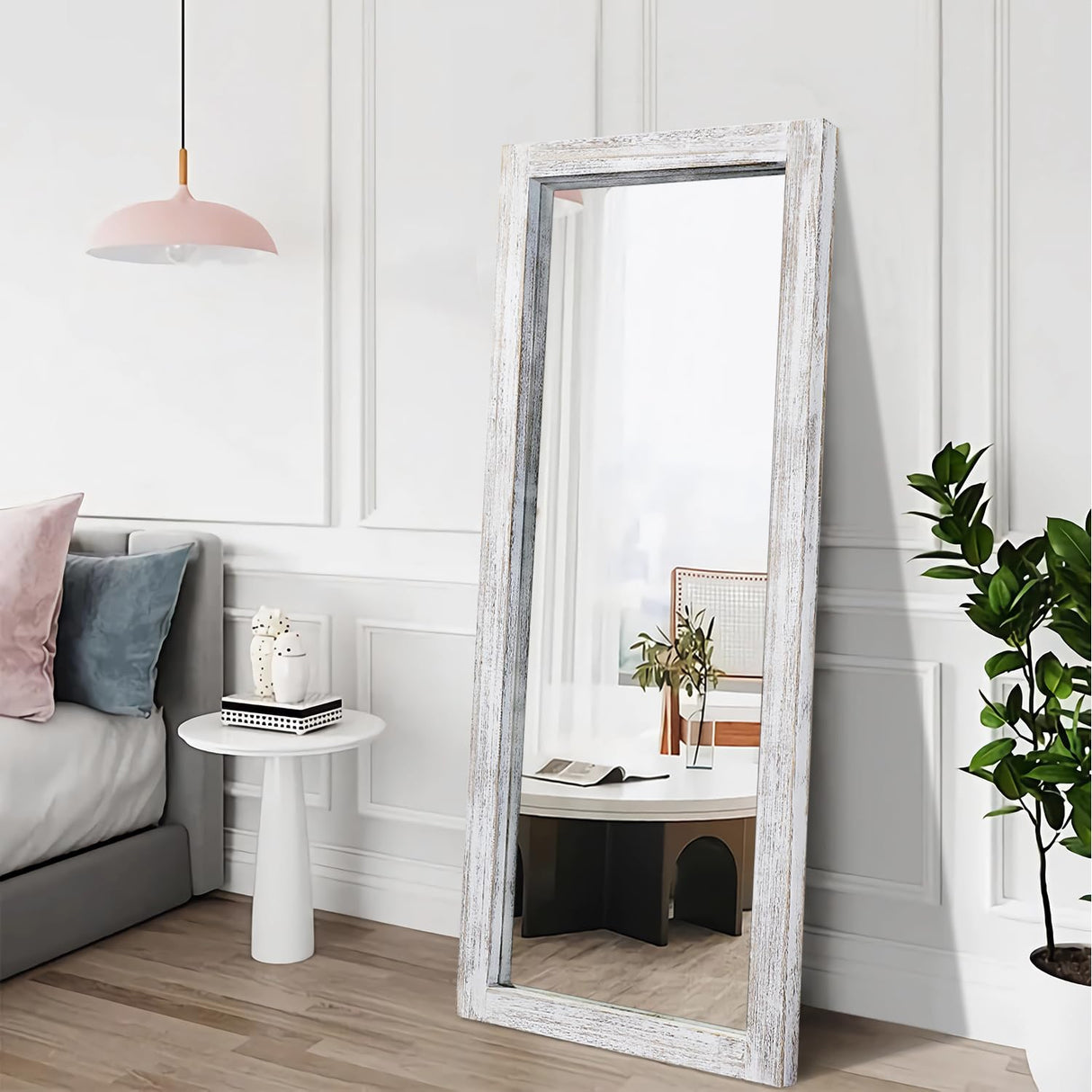 AAZZKANG Wall Mirror Full Length Rustic Wood Framed Floor Mirror 59"x24" Rectangle Large Full Body Mirror for Bedroom Living Room Entryway Dressing Room White AAZZKANG