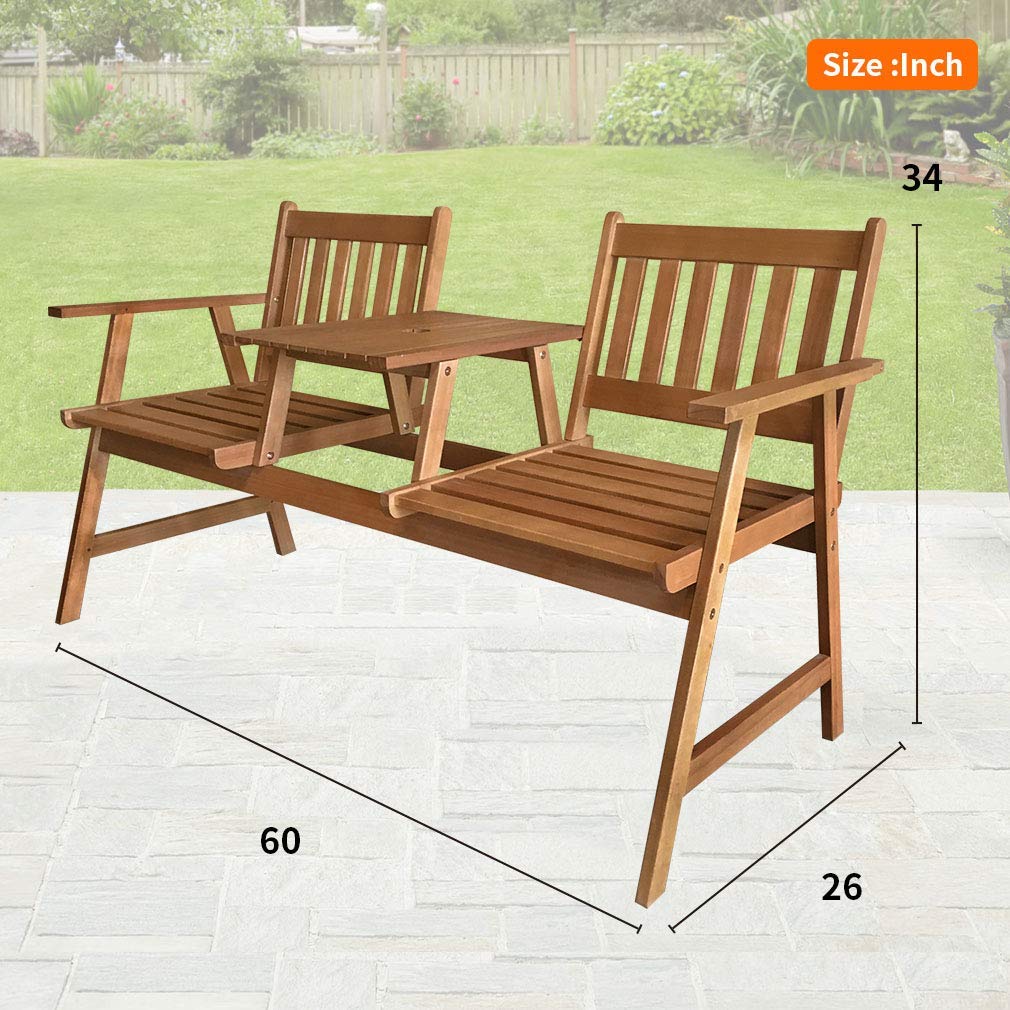 FDW Outdoor Patio Bench Wood Garden Bench Park Bench Acacia Wood with Table for Pool Beach Backyard Balcony Porch Deck Garden Wooden Furniture - WoodArtSupply