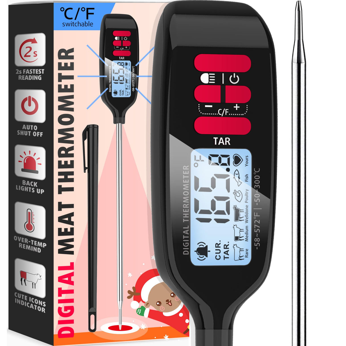Antonki Digital Meat Thermometer with Backlight, Long Food Temperature Probe Instant Read Food Thermometer for Cooking and Baking, Kitchen, Candy, Grill, BBQ, Oil - Battery Included Antonki