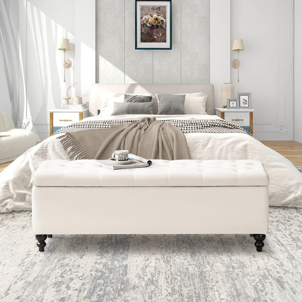 Storage Ottoman 50.2 Inches Upholstered Fabric Storage Ottoman Bench，Button Tufted Ottoman with Storage for Living Room，Bedroom End of Bed Bench Withstands 304lbs (Ivory) Living&Giving