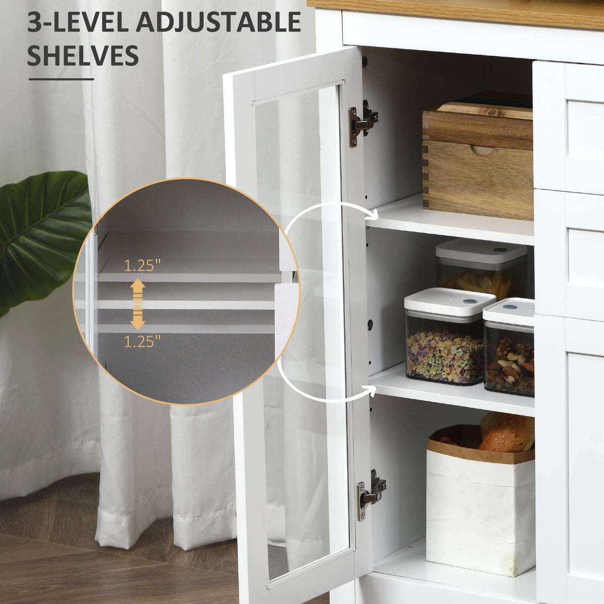 HOMCOM 47" Sideboard, Buffet Cabinet with Rubber Wood Top, Glass Door, Coffee Bar Cabinet, Kitchen Cabinet with Drawers, Adjustable Shelving for Living Room, White HOMCOM