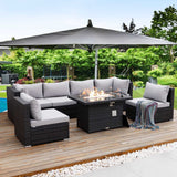NICESOUL High-End Outdoor Patio Furniture Set with Natural Gas/Propane Firepits, 7 Piece Large Wicker Sectional Couches with Fire Table, 29.3'' High Back Deep Seating Comfy Conversation Sofas, Gray NICESOUL
