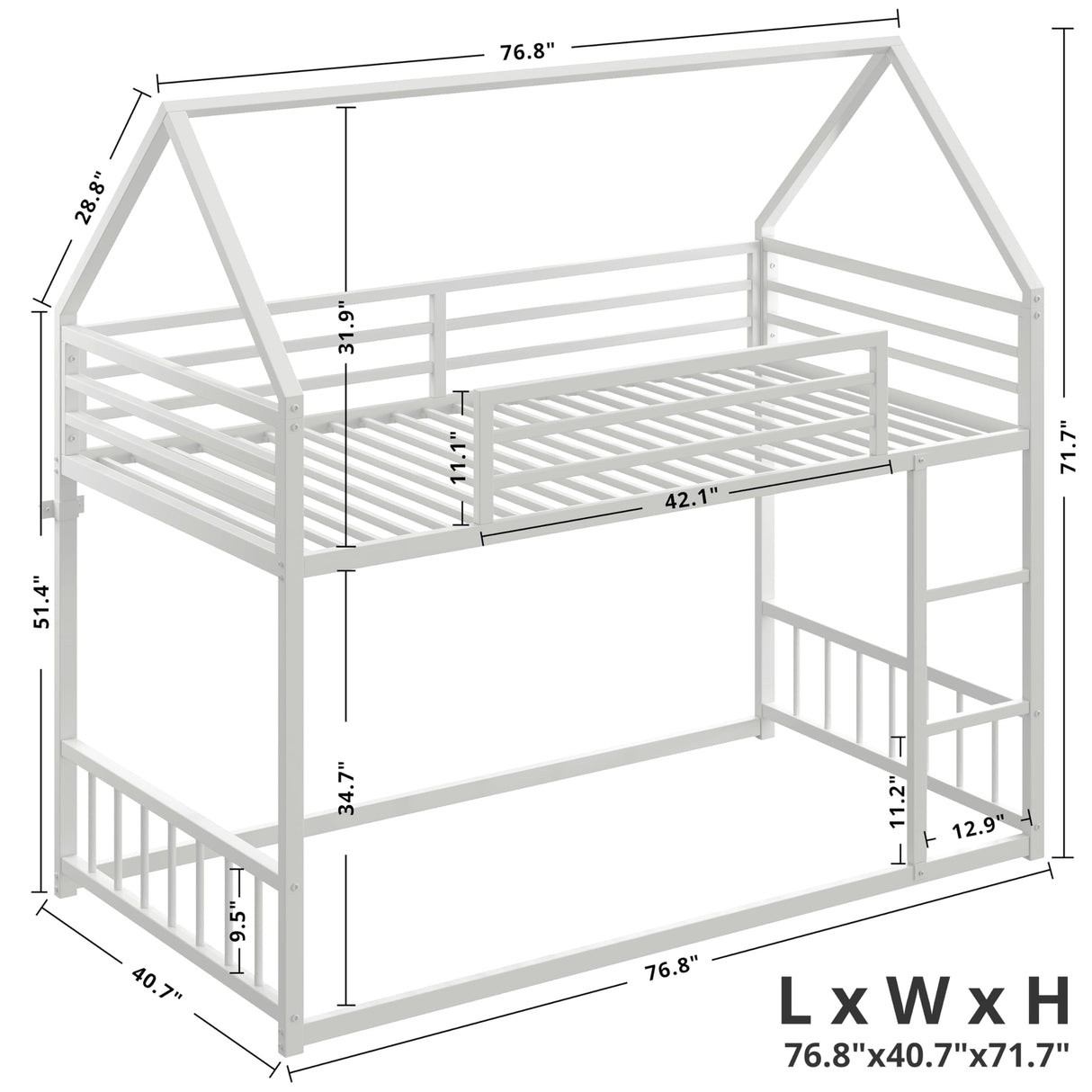 LIKIMIO Bunk Bed Twin Over Twin, House Bunk Bed Frame with Ladder and Guardrail, House Shaped with Metal Slats for Dormitory and Bedroom, Space Saving, No Box Spring Needed, White LIKIMIO
