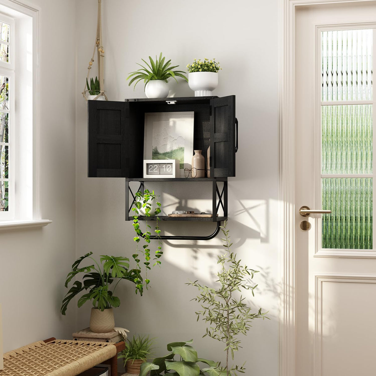 RUSTOWN Farmhouse Rustic Medicine Cabinet with Two Barn Door,Wood Wall Mounted Storage Cabinet with Adjustable Shelf and Towel Bar, 3-Tier Cabinet for Bathroom, Living Room(Black) RUSTOWN