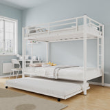 Merax Triple Bunk Bed, Twin Over Twin Bunk Beds with Trundle, Sturdy Steel Bunk Beds Frame for 3 Kids/Teens with Two Side Ladders and Safety Guard Rail,White Color Merax