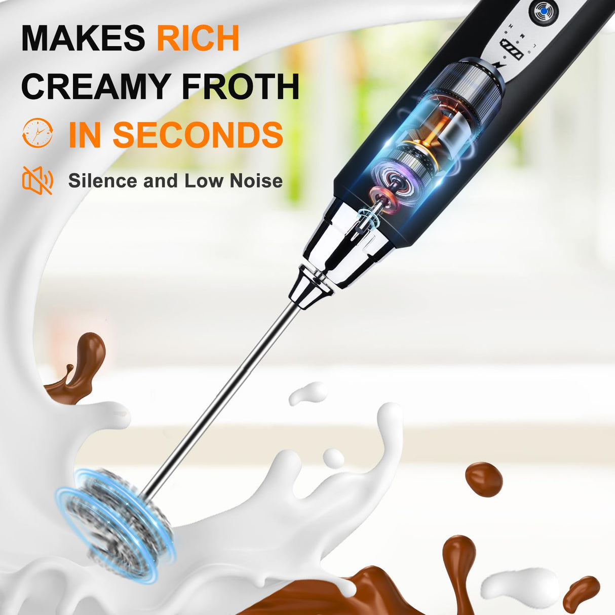 YUSWKO Black Handheld Milk Frother Wand for Coffee, Rechargeable Electric Whisk with 3 Heads 3 Speeds Drink Mixer Coffee Frother For Latte, Cappuccino, Hot Chocolate, Egg YUSWKO