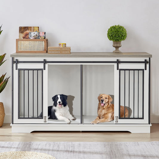 Rovibek 61'' Double Dog Crate Furniture for 2 Dogs, Large Double Dog Kennel Furniture TV Stand, Heavy Duty Dog Crate, Furniture Style Dog Crate End Table, Wood Crates for Dogs Kennel Indoor - WoodArtSupply