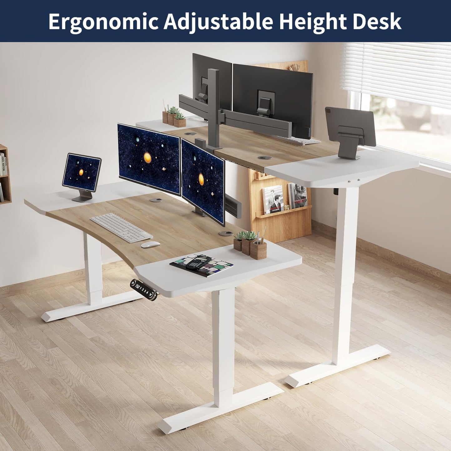 HEONAM Dual Motor Electric Standing Desk, 63 x 30 Inches Height Adjustable Table with Splice Board, Ergonomic Sit Stand Computer Desk with White - WoodArtSupply