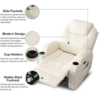 Power Recliner Chair with Heat and Massage for Adults - Home Theater Seating with LED Lights,Cup Holders,Side Pocket,USB Port - Recliner Sofa for Living Room (Beige, Single Recliner)