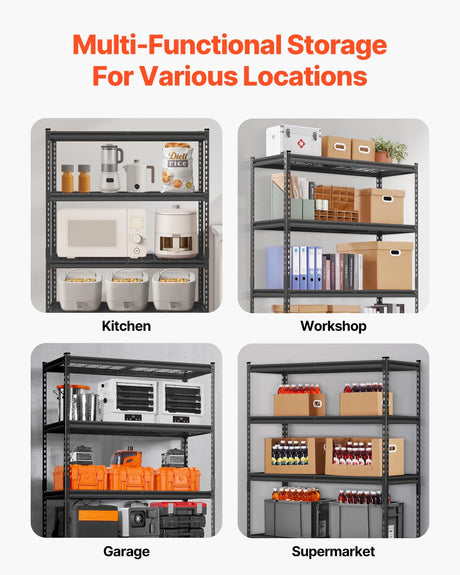 VEVOR Storage Shelves, 2500 lbs, 5 Tier Heavy Duty Garage Shelving, 18" D x 48" W x 72" H Adjustable Metal Shelves for Industrial Shelving Unit Utility Shelf, for Kitchen, Warehouse, Basement, Black VEVOR