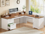 SEDETA Farmhouse L Shaped Desk with Drawers, 63" Office Desk with File Drawers, Wood Corner Computer Desk with Storage, Home Office Desk with Monitor Stand and Storage Cabinet, Brown and White SEDETA