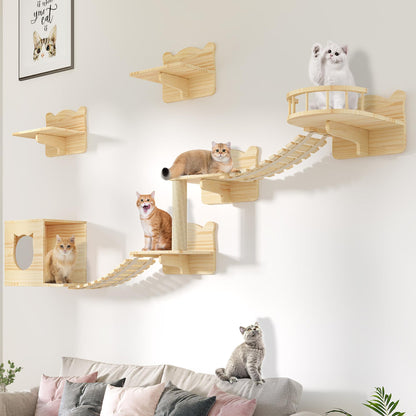 DWVO Cat Wall Shelves and Perches for Wall, Wooden Wall Mounted Cat Furniture, Set of 9 Cat Climbing Shelves with 1 Cat Wall House, 4 Wall Steps, 2 Bridge Ladder, 1 Cat Scratching Post and 1  - WoodArtSupply