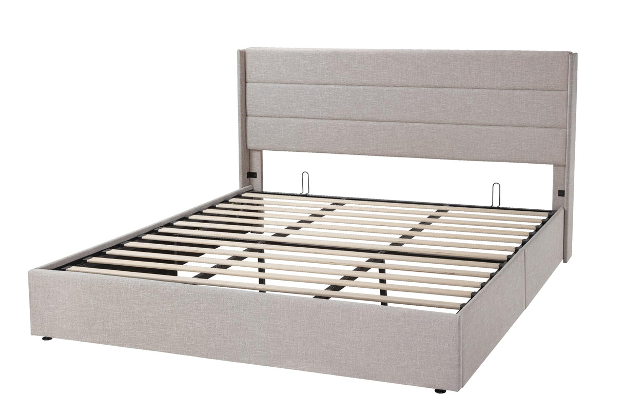 Allewie King Size Lift Up Storage Bed, Modern Wingback Headboard, Hydraulic Support, No Box Spring Needed, Light Beige Allewie