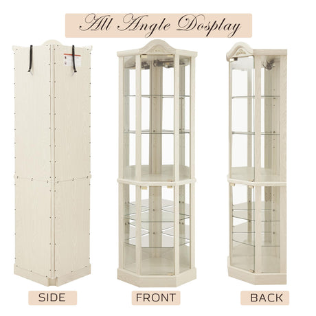 Eyisean Lighted Corner Curio Cabinet with Tempered Glass Doors and Shelves, 72" H Glass Display Cabinet with Curved Top Carving, Light Bulb Included, Rack for Liquor Storage and Living Room (White) Eyisean