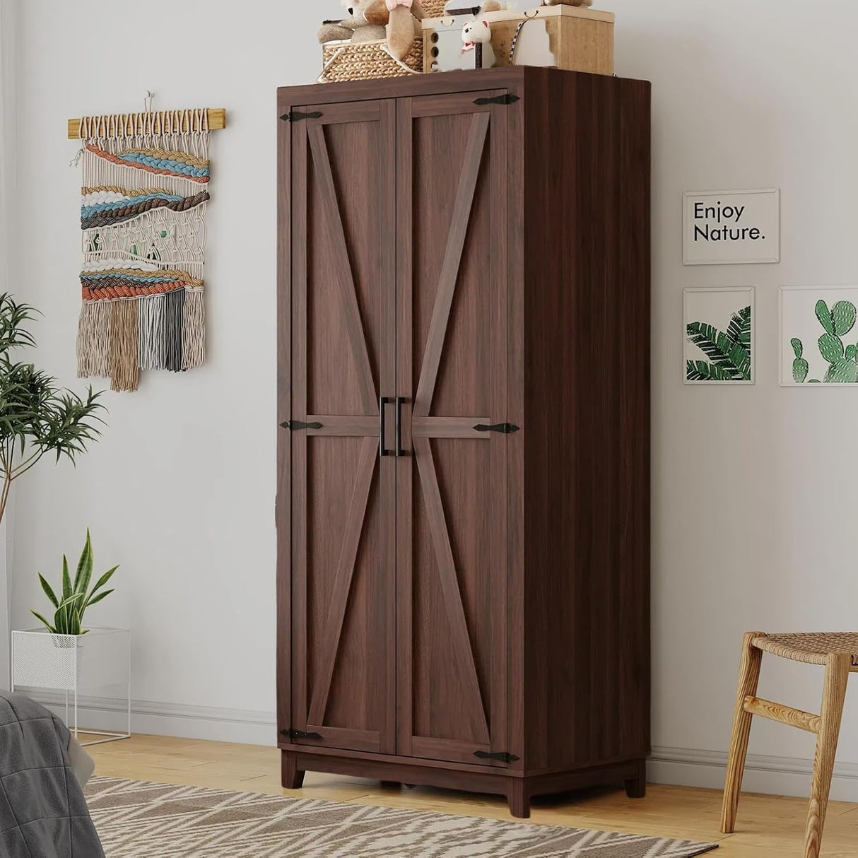 HYDUZ 70" Tall Bedroom Armoire with Hanging Rod for Hanging Clothes, Farmhouse Wooden Wardrobe Closet with Door, Tall Freestanding Clothing Storage Cabinet with Shelf, Espresso HYDUZ