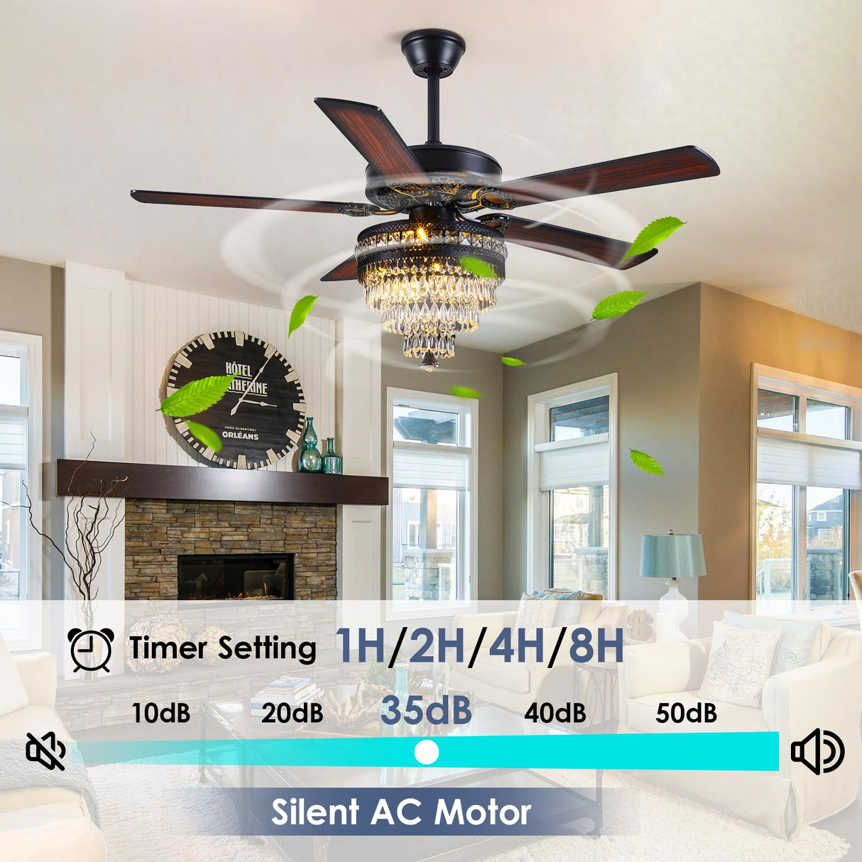 Crystal Ceiling Fan Fandelier with Lights - Modern Outdoor Fans with Remote Control，Noiseless AC Motor, Retro/Farmhouse Lighting, Dining Room， Living Room (52" Asyko