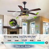 Crystal Ceiling Fan Fandelier with Lights - Modern Outdoor Fans with Remote Control，Noiseless AC Motor, Retro/Farmhouse Lighting, Dining Room， Living Room (52" Asyko