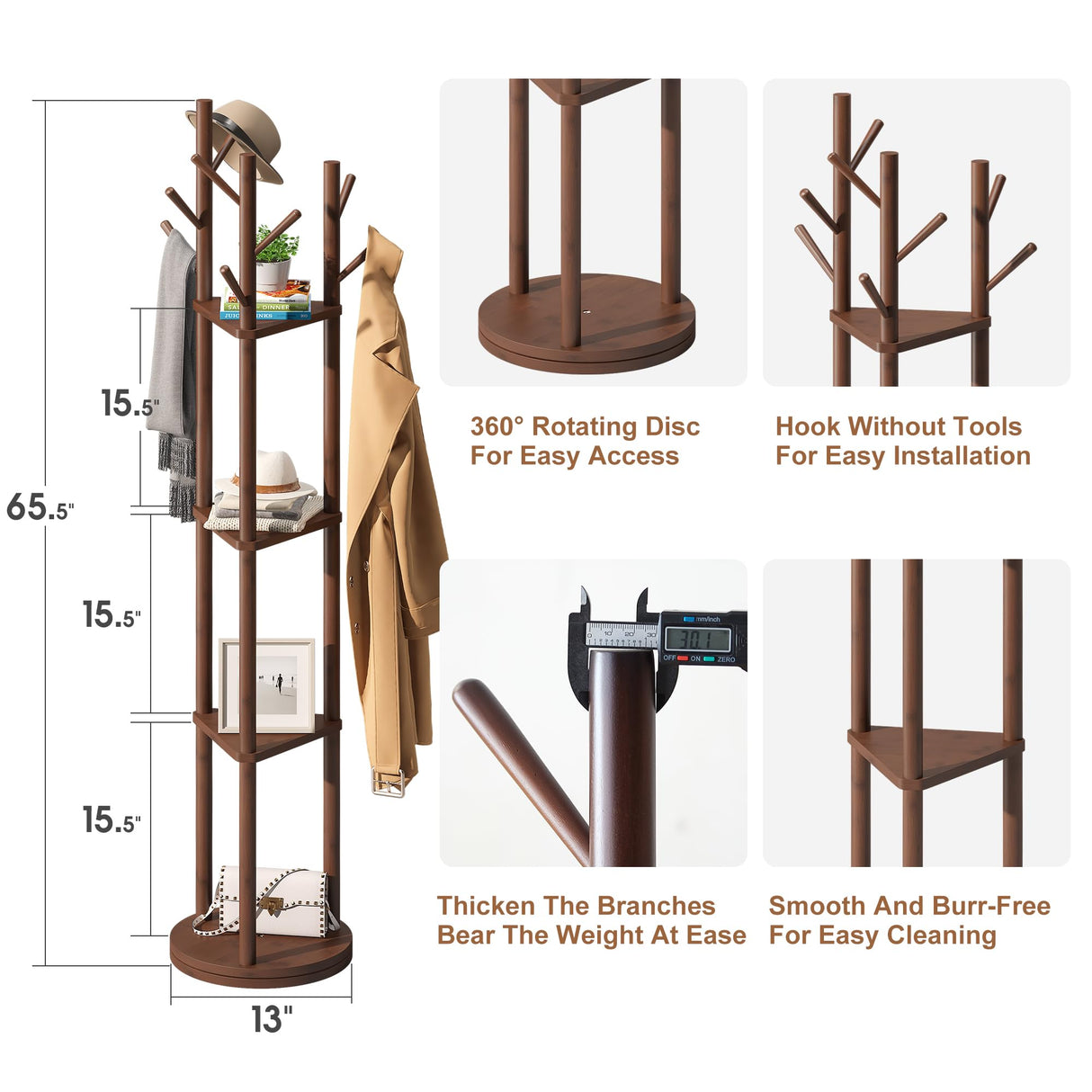 FILWH Bamboo Coat Rack Rotary Freestanding with Shelf Coat Tree Rack Stand for Hallway Entryway Coat Hanger Stand with 9 Hooks 3 Storage Shelves(Brown) FILWH