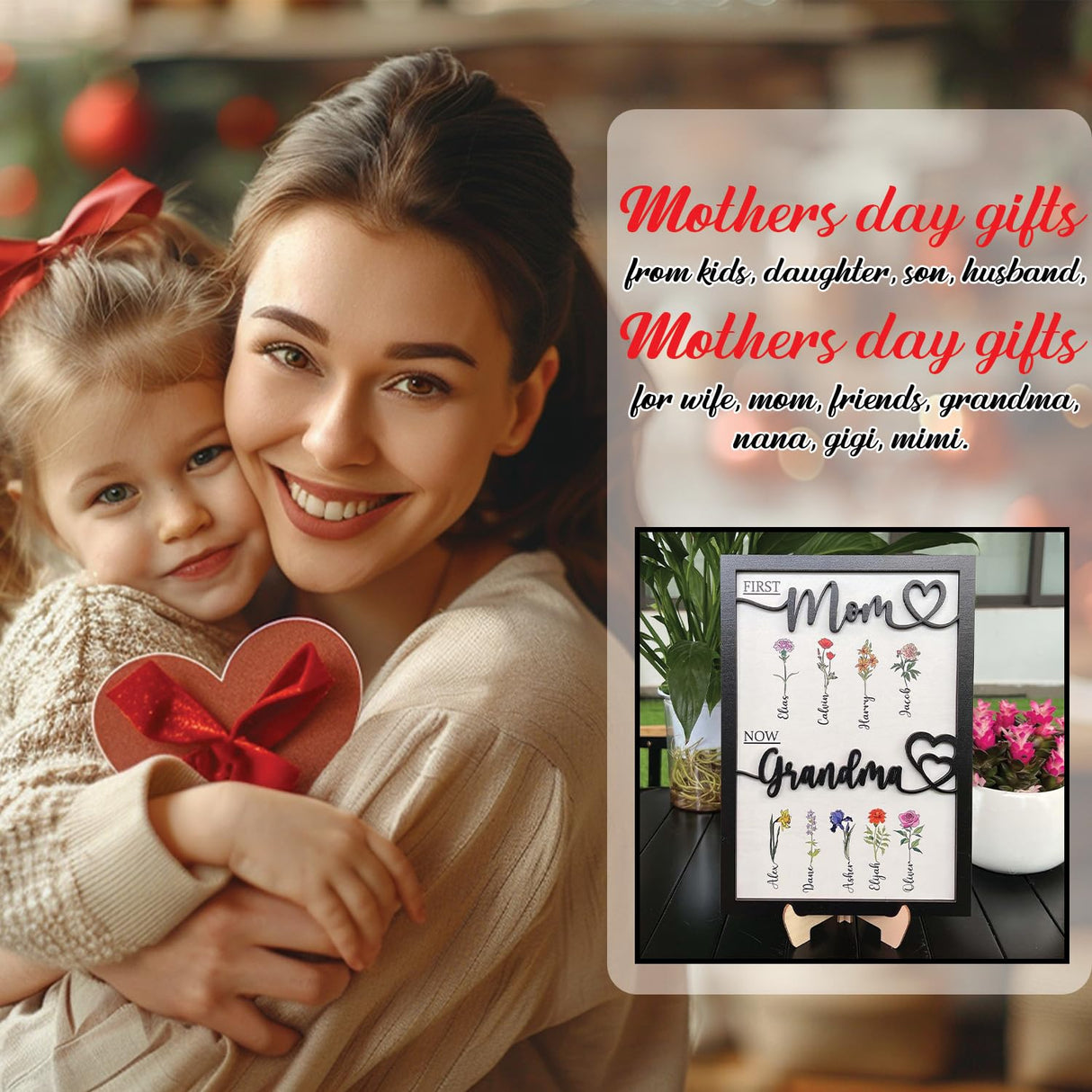 First Mom Now Grandma Customized Birth Month Flower Wooden Plaque, Personalized Mothers Day Gifts, Mother's Day Gift, Gift for Mom, Grandma's Gift, V-DECORPARKS