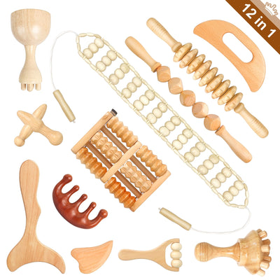 HAQQI 12 in 1 Wood Therapy Massage Tools kit for Body Shaping Massage Tool Set, Wooden Massager Body Sculpting Sets for Muscle Pain Relief, Anti-Cellulite