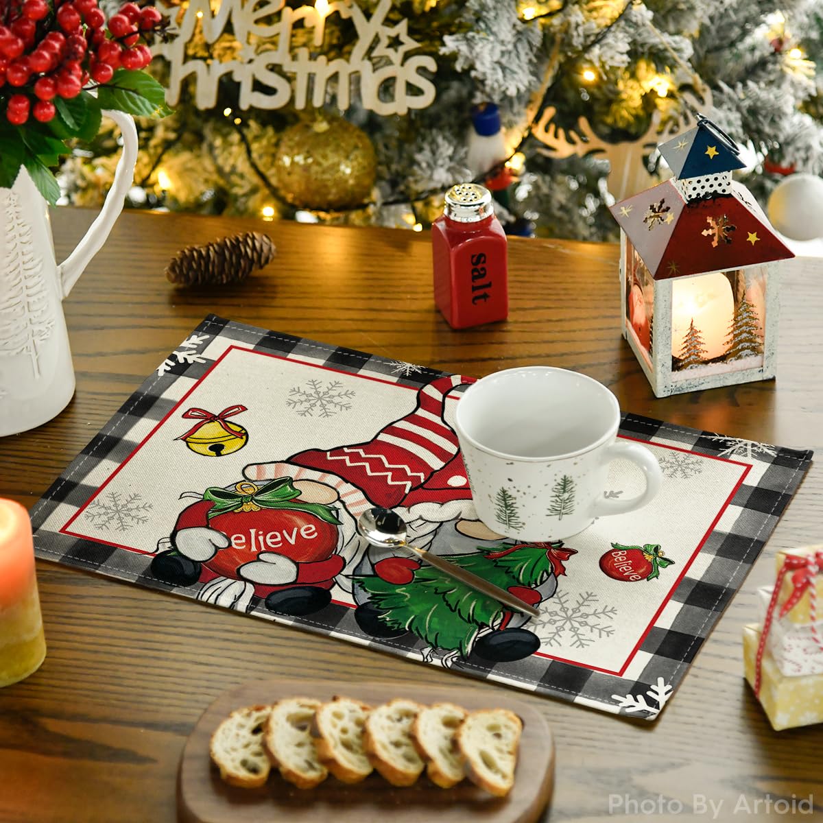 Artoid Mode Gnome Believe Xmas Balls Christmas Placemats Set of 4, 12x18 Inch Seasonal Winter Snowflake Table Mats for Party Kitchen Dining Decoration Artoid Mode