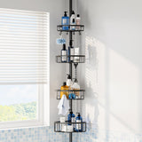 Corner Shower Caddy Tension Pole: Stainless Steel Rustproof 4-Tier Shower Organizer - 47-121 inch Adjustable Bathroom Shelves for Bathtub Shampoo Storage - Tension Rod Floor Standing Bath Rack - Black ESSEME