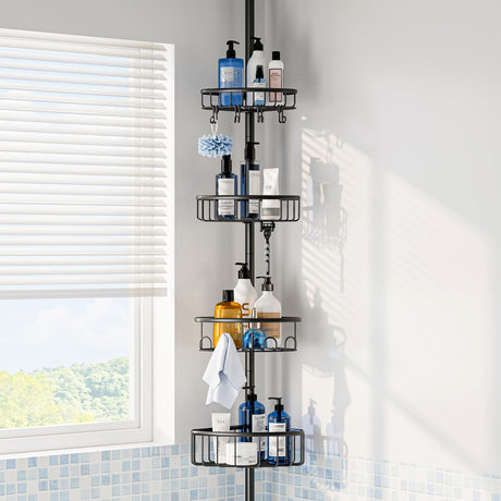 Corner Shower Caddy Tension Pole: Stainless Steel Rustproof 4-Tier Shower Organizer - 47-121 inch Adjustable Bathroom Shelves for Bathtub Shampoo Storage - Tension Rod Floor Standing Bath Rack - Black ESSEME